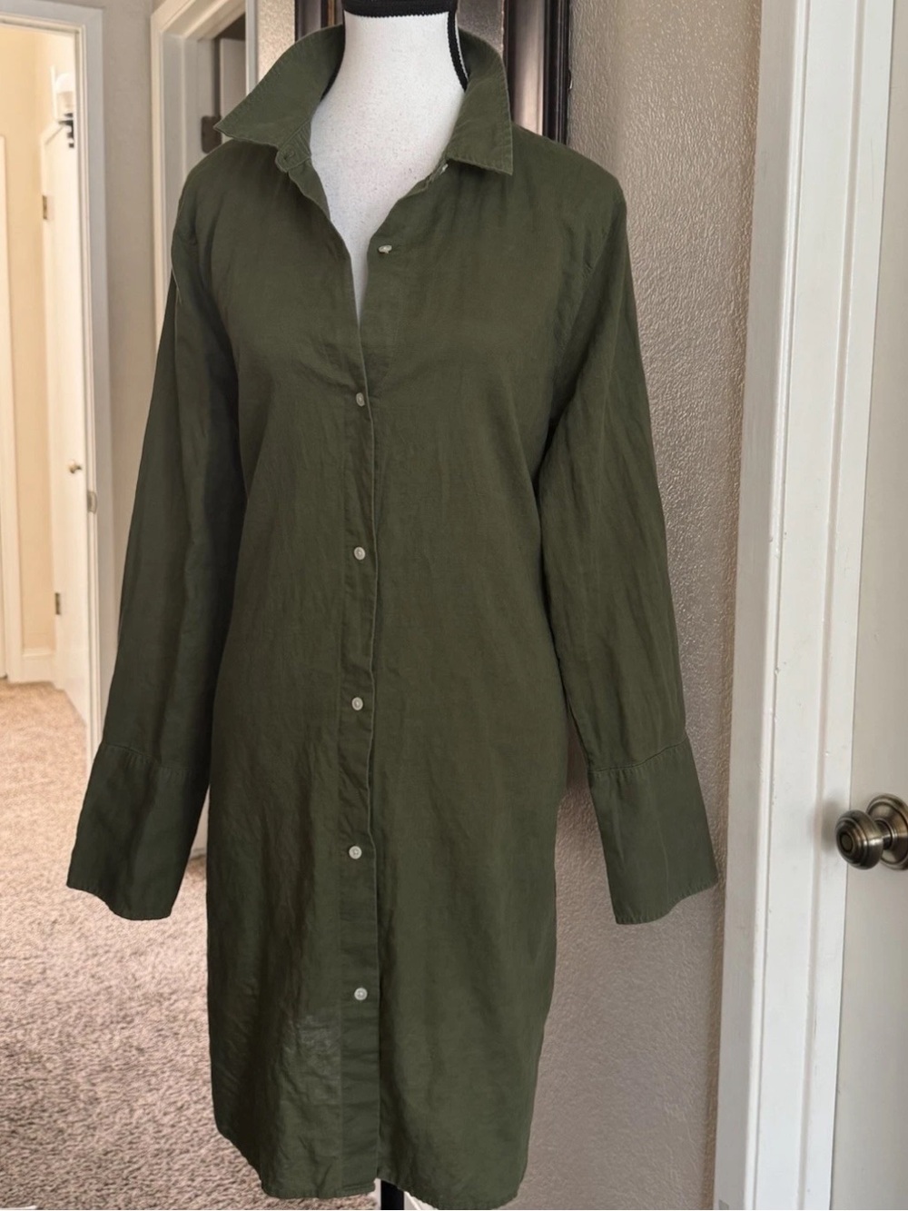 J.Crew Beachwear Shirt Dress Olive Green Linen Cotton Button Down Large Coastal - Picture 2 of 10